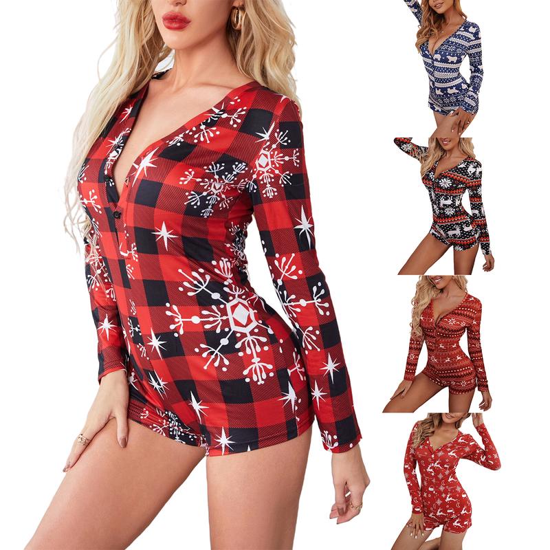 Women Christmas V-Neck Shorts Jumpsuit  Bodysuit Pajama Long Sleeve Bodycon Rompers Overall Xmas Playsuits Party Clubwear Women's Christmas Women's Christmas