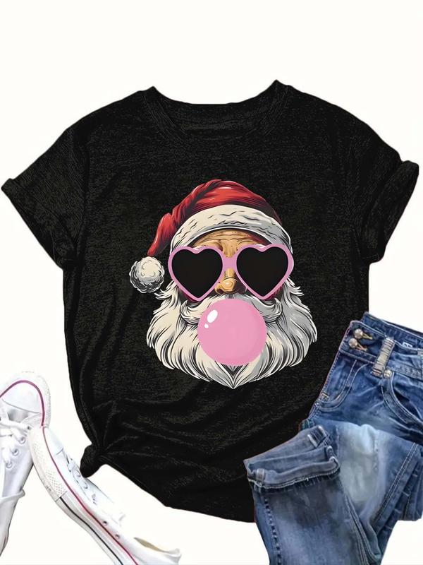  Santa Claus Print Round Neck Tee, Casual Short Sleeve Crew Neck T-shirt for Daily Wear, Women Clothing for All Seasons