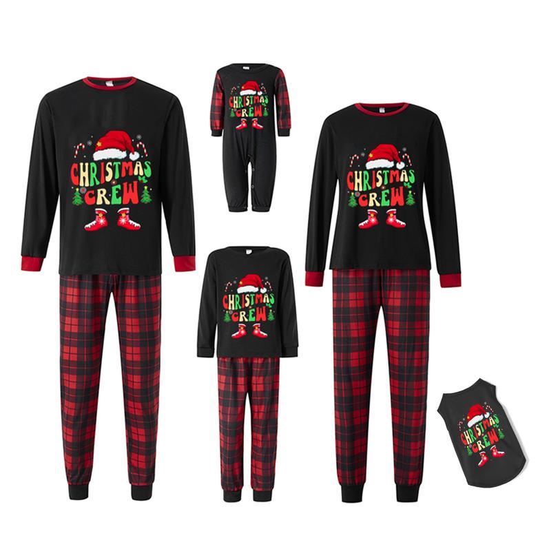 2025 Christmas Family Pajamas Matching Set Letter Santa Hat Print Long Sleeve Tops and Plaid Pants Sleepwear