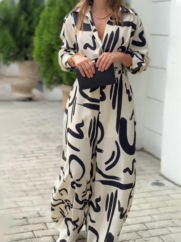 Women's All Over Print Button Front Belted Wide Leg Jumpsuit, Elegant Long Sleeve Collared Jumpsuit for Fall, Ladies Clothes for Daily Wear