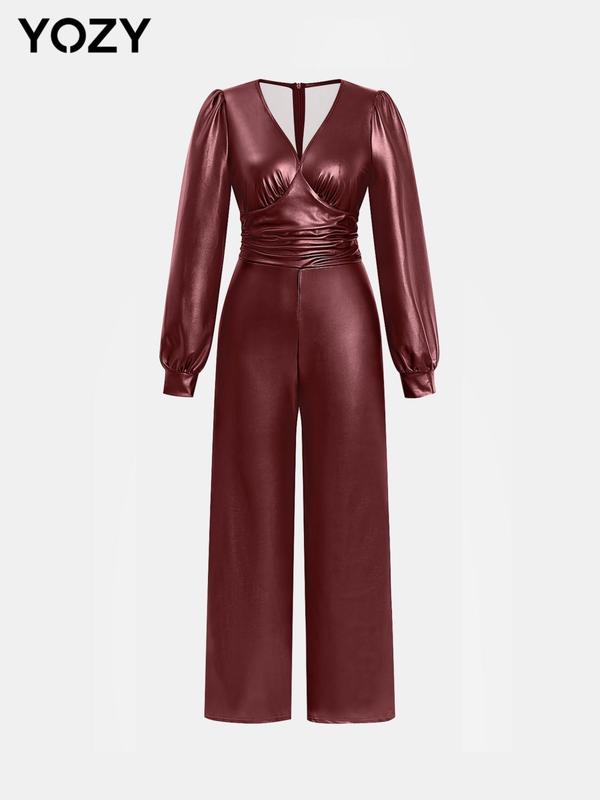 YOZY Christmas Deals, Women's Pu Leather Ruched Bishop Sleeve Jumpsuit, Fashion Casual V Neck Long Sleeve Jumpsuit for Daily Outdoor Wear, Womens Clothes for Spring & Fall, Christmas 2024 Trend, Fall & Winter Clothes