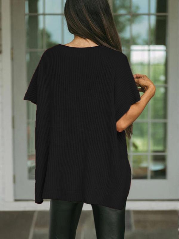 Women's Plain Textured Split Hem Batwing Sleeve Knit Top, Casual Short Sleeve Round Neck Knitwear for Summer,  Women's Sweaters,  Sweaters for Women, Fashion Women's Knit Clothing for Daily Wear