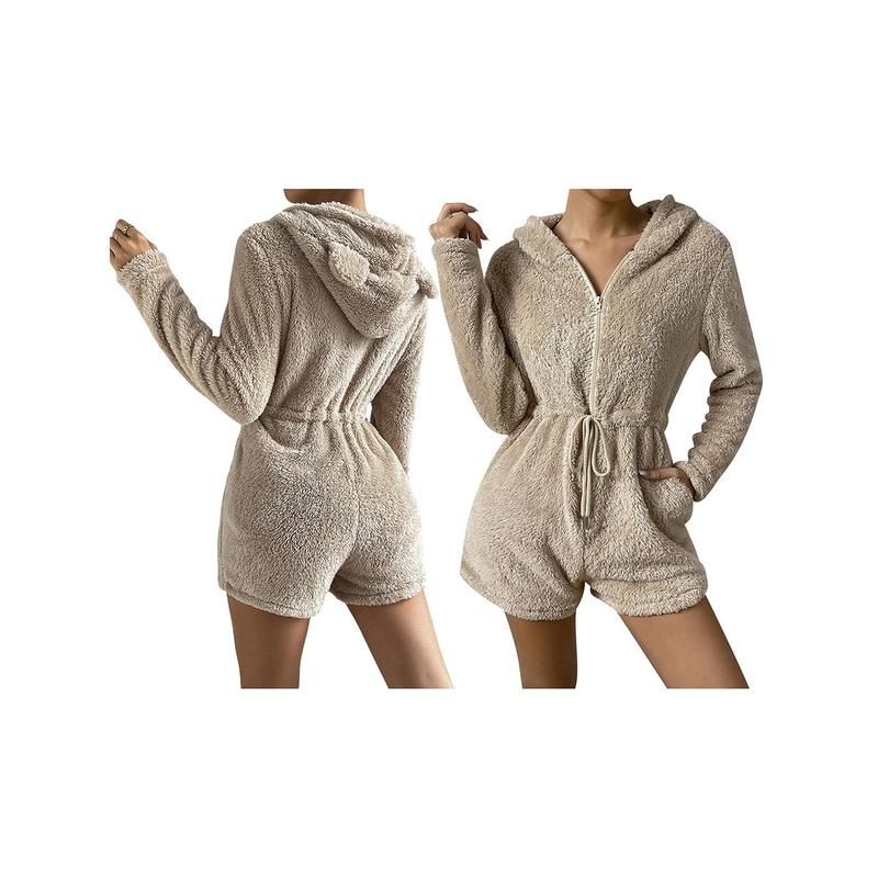 Women Fuzzy Rompers Casual Solid Color Zipper Plush Jumpsuit Trendy Drawstring Long Sleeve Bodysuit Loungewear,S M L XL