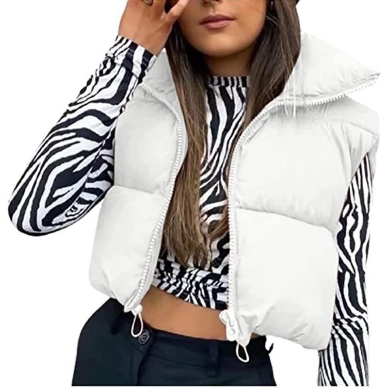 Women's Cropped Puffer Vest Lightweight Stand Collar Zip Up Padded Gilet with Pockets