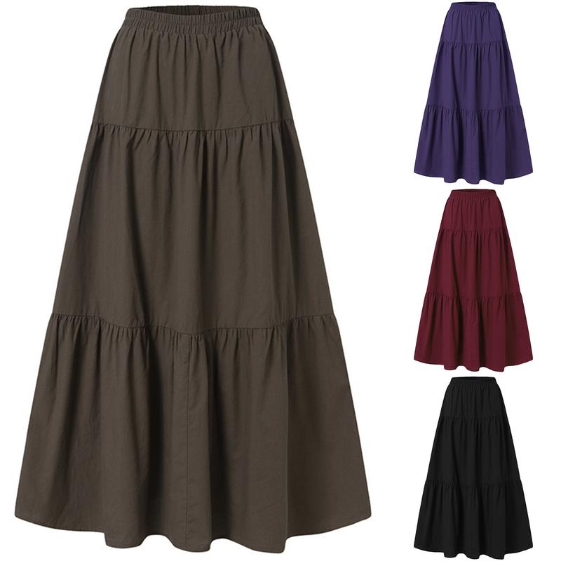 Women´s Casual Long Skirts, Solid Color Pleated Big Hem Elastic Waist Loose Fit Skirts, Simple Style Bottoms Cotton Fashion Womenswear Check