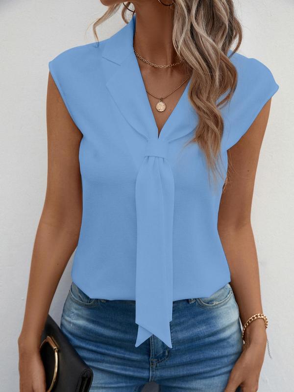 Women's Solid Bow Tie Lapel Neck Drop Shoulder Blouse, Casual Cap Sleeve Top for Summer, Ladies Clothes for Daily Wear, Vacation Clothes