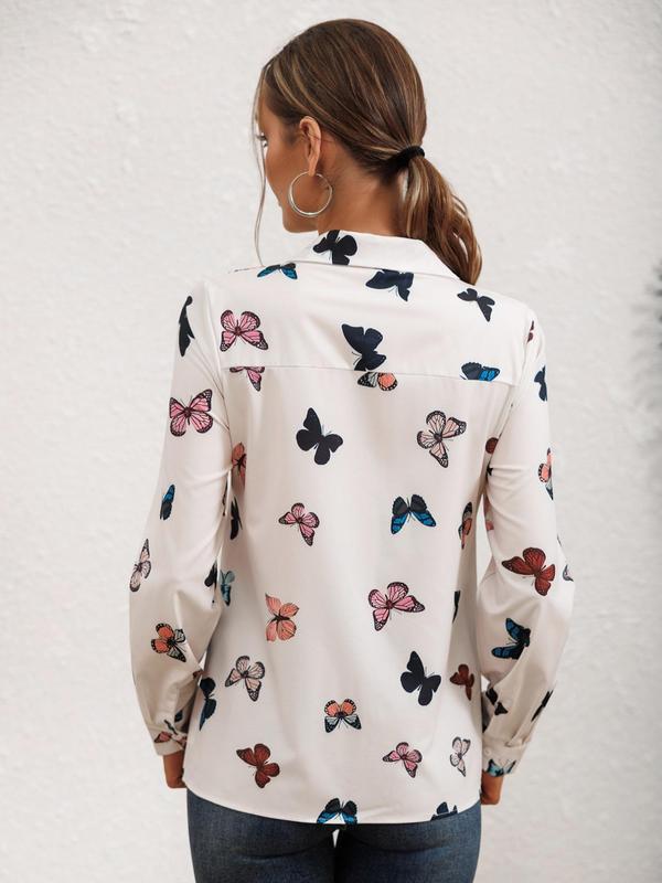 Women's Butterfly Print Button Front Shirt, Casual Long Sleeve Collared Top for Daily Wear, Ladies Clothes for All Seasons