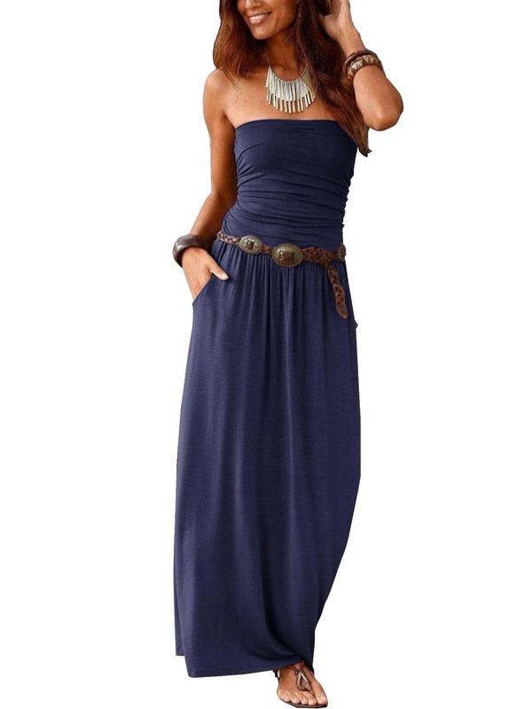 Women's Plain Pocket Sleeveless Tube Dress without Belt, Back To School Outfits, Casual Solid Strapless Long Dress for Summer, Summer Outfits 2024 for Ladies, Dress in Club, Dresses for Women, Fashion Women's Clothing for Daily Wear, Summer Dresses 2024