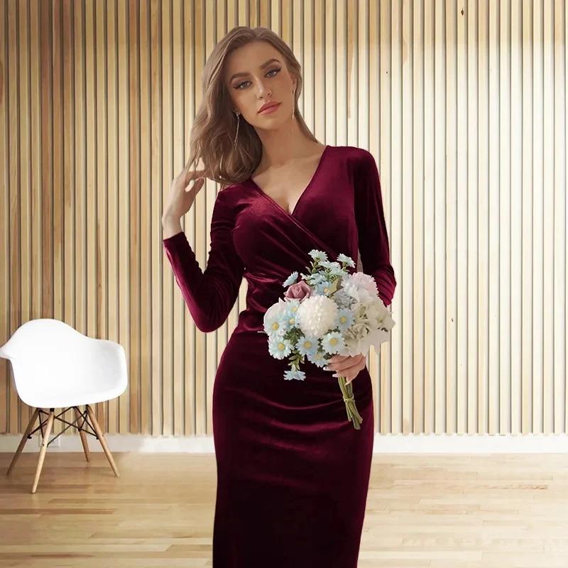 Lady Holiday Christmas dress elegant vintage velvet Autumn Winter v-neck long sleeve stretch waist length dress party dress Formal Womenswear