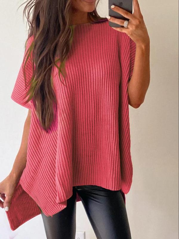 Women's Plain Textured Split Hem Batwing Sleeve Knit Top, Casual Short Sleeve Round Neck Knitwear for Summer,  Women's Sweaters,  Sweaters for Women, Fashion Women's Knit Clothing for Daily Wear