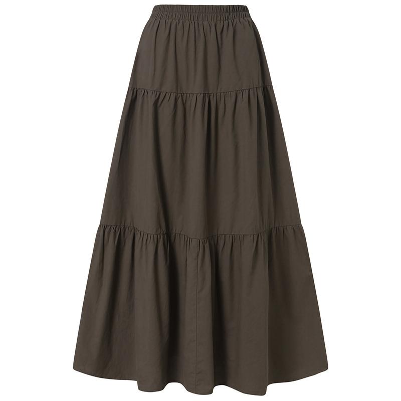 Women´s Casual Long Skirts, Solid Color Pleated Big Hem Elastic Waist Loose Fit Skirts, Simple Style Bottoms Cotton Fashion Womenswear Check