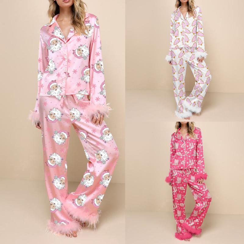 Women Christmas Pajamas Lounge Set Santa Christmas Tree Boots Print Shirts Tops and Pants 2 Piece Loungewear Outfits