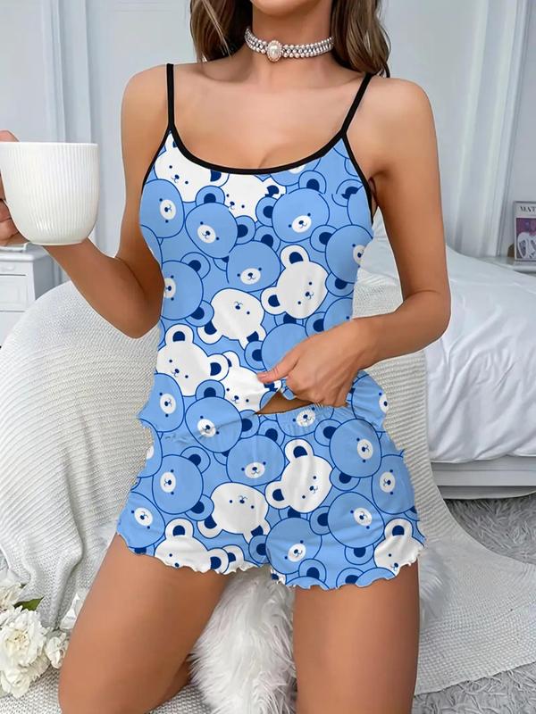 2 Counts Women's Cartoon Pumpkin Skull Print Contrast Binding Cami Top & Lettuce Trim Shorts Pyjama Set, Summer Wear 2024, Cute Comfort Camisole & Shorts Pj Set, Girly Night Clothes