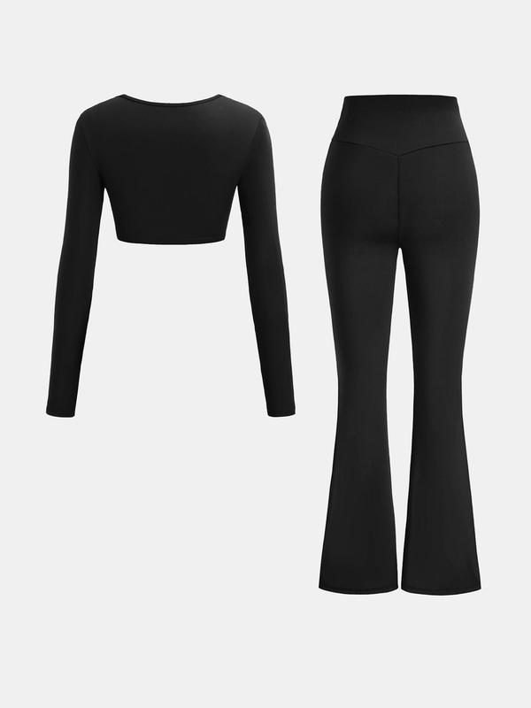 YOZY Two-Piece Set Women's Plain Thumb Hole Crop Tee & High Waist Flare Leg Skinny Pants, Casual Fashion Cozy Round Neck Long Sleeve Top & Bell Bottom Leggings for Daily Outdoor Wear, Ladies Clothes for All Seasons