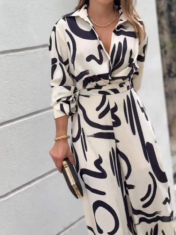 Women's All Over Print Button Front Belted Wide Leg Jumpsuit, Elegant Long Sleeve Collared Jumpsuit for Fall, Ladies Clothes for Daily Wear