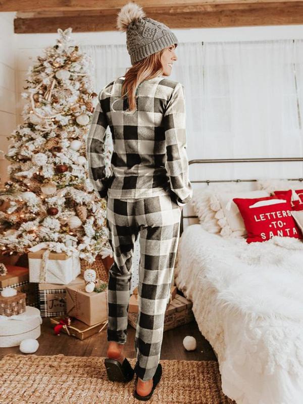 Women's Christmas Plaid Print V Neck Tee & Elastic Waist Pants Flannelette Loungewear Two-piece Set, Casual Comfy Long Sleeve Top & Tie Front Trousers Pj Set,  Lounge Set for Women, Ladies Sleepwear for Spring & Fall