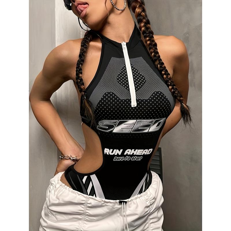 Letter Print Cut Out Bodysuit, Sexy Backless Halter Neck Zip Up Slim Bodysuit, Women's Clothing