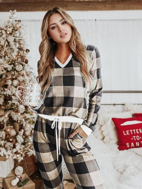 Women's Christmas Plaid Print V Neck Tee & Elastic Waist Pants Flannelette Loungewear Two-piece Set, Casual Comfy Long Sleeve Top & Tie Front Trousers Pj Set,  Lounge Set for Women, Ladies Sleepwear for Spring & Fall