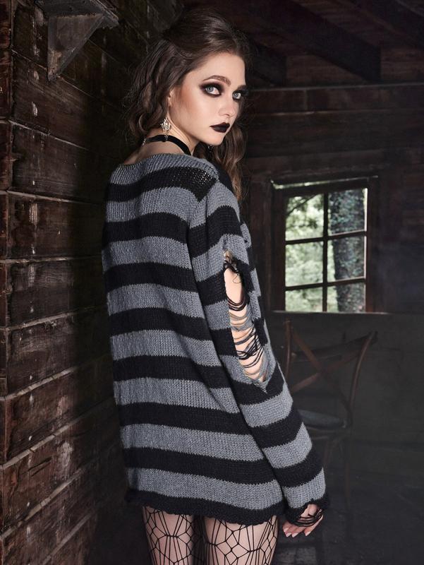 ROMWE Goth Women's Striped Distressed Sweater Pullover