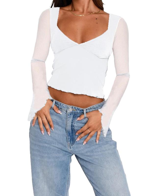 Women's Solid Contrast Mesh Sheer Sweetheart Neck Crop Tee, Casual Long Sleeve T-shirt for Spring & Fall, T Shirts for Women, Women's Top Clothing for Daily Wear