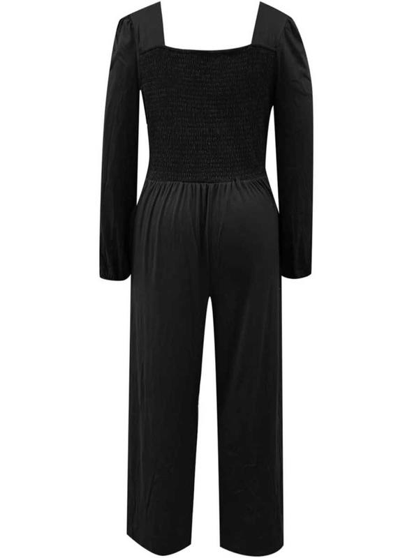 Women's Plain Shirred Bishop Sleeve Jumpsuit, Casual Long Sleeve Square Neck Jumpsuit for Spring & Fall, Women's Clothes for Daily Wear