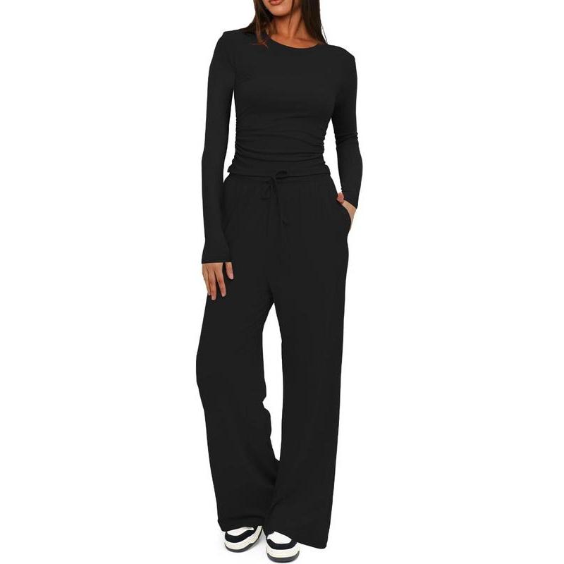 Two-piece Set Women's Solid Ruched Tee & Drawstring Pocket Pants Lounge Set, Casual Long Sleeve T-shirt & Elastic Waist Trousers, Ladies Sleepwear for All Seasons Loungewear Pajama