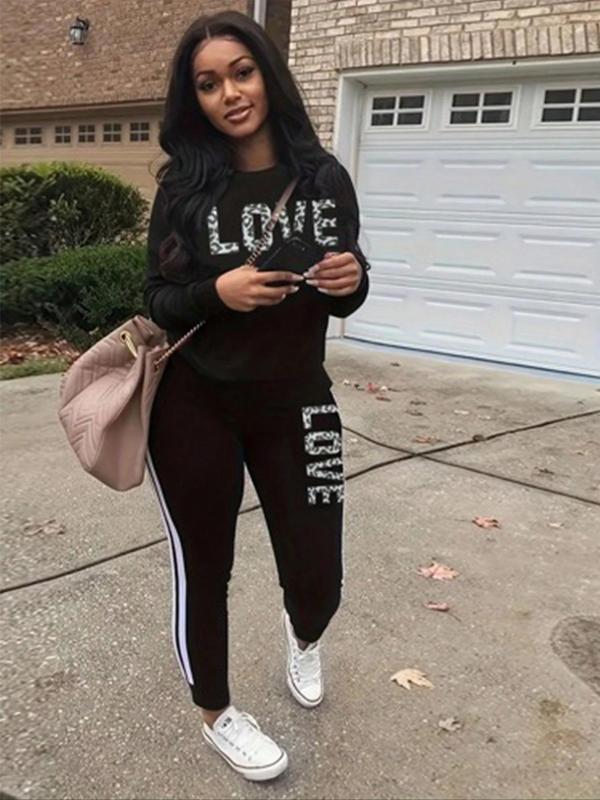  Leopard Letter Print Tracksuit Set, Long Sleeve Round Neck Pullover & Elastic Waist Side Striped Pants, Women's Sportswear for Indoor Outdoor Wear