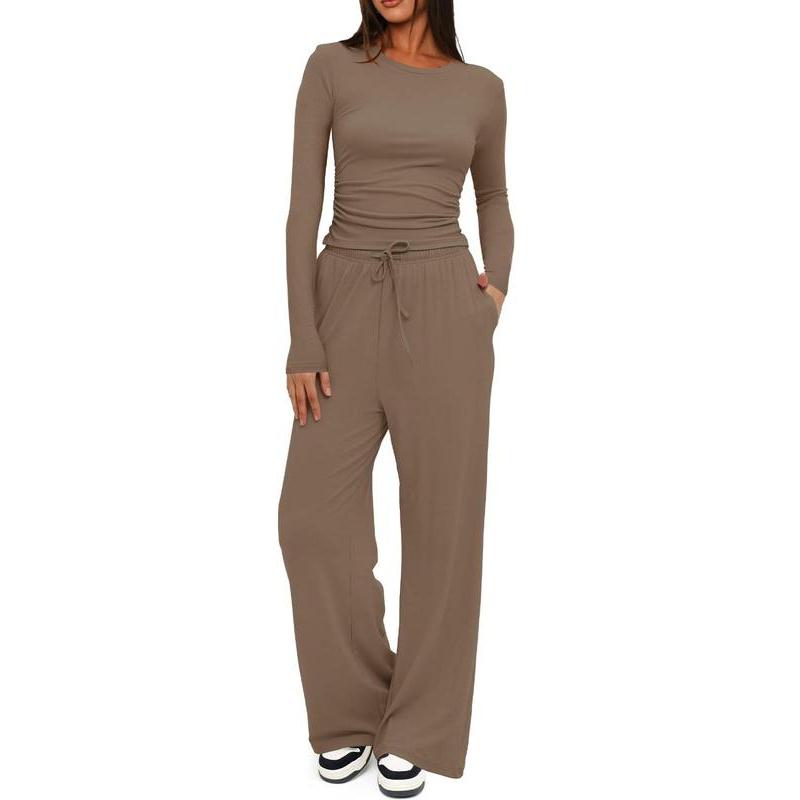 Two-piece Set Women's Solid Ruched Tee & Drawstring Pocket Pants Lounge Set, Casual Long Sleeve T-shirt & Elastic Waist Trousers, Ladies Sleepwear for All Seasons Loungewear Pajama