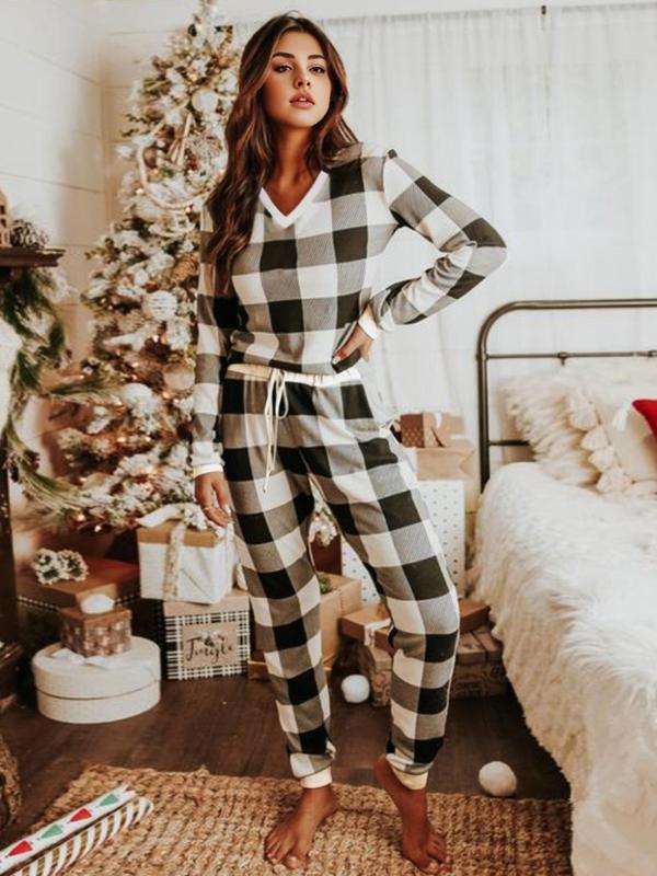 Women's Christmas Plaid Print V Neck Tee & Elastic Waist Pants Flannelette Loungewear Two-piece Set, Casual Comfy Long Sleeve Top & Tie Front Trousers Pj Set,  Lounge Set for Women, Ladies Sleepwear for Spring & Fall