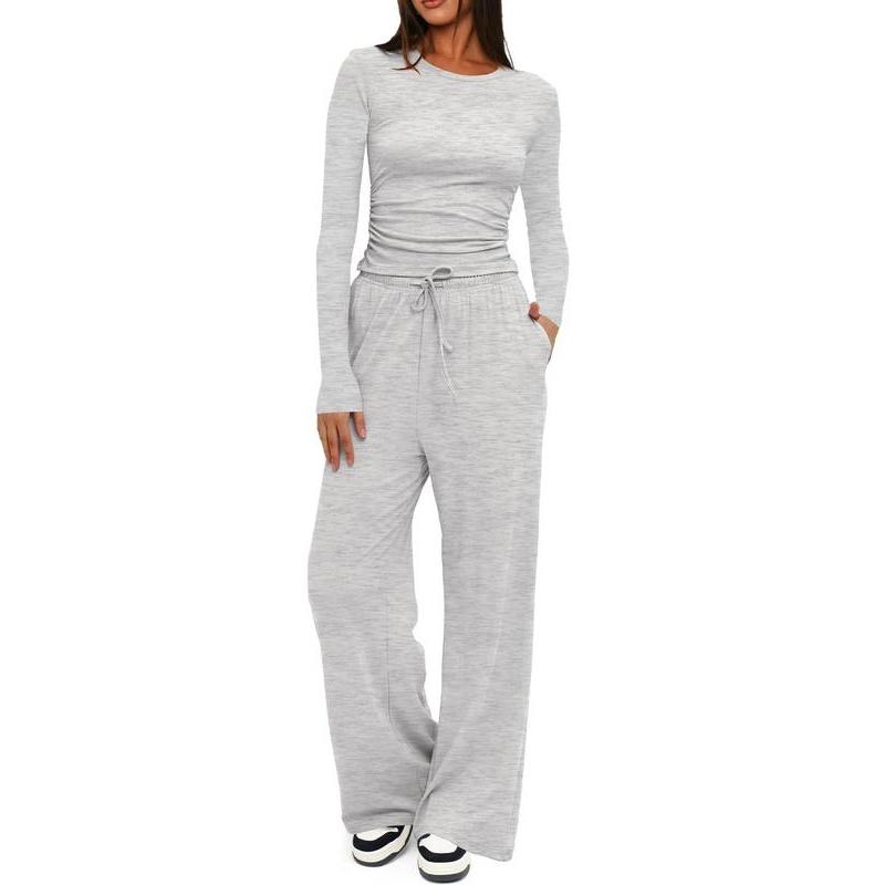 Two-piece Set Women's Solid Ruched Tee & Drawstring Pocket Pants Lounge Set, Casual Long Sleeve T-shirt & Elastic Waist Trousers, Ladies Sleepwear for All Seasons Loungewear Pajama