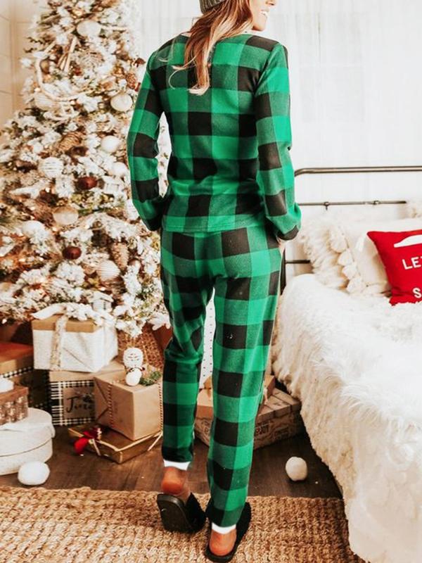 Women's Christmas Plaid Print V Neck Tee & Elastic Waist Pants Flannelette Loungewear Two-piece Set, Casual Comfy Long Sleeve Top & Tie Front Trousers Pj Set,  Lounge Set for Women, Ladies Sleepwear for Spring & Fall