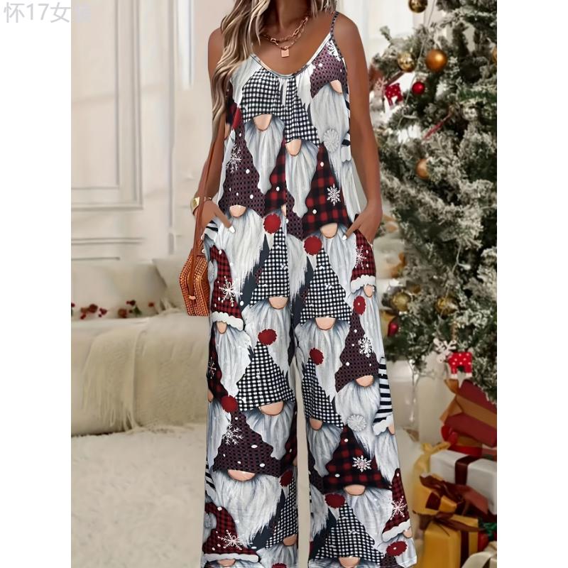 Festive Santa Print Jumpsuit for Women - Sleeveless Wide-Leg Romper with Pockets, Soft Polyester Knit Fabric, Casual Style, Adult Size, Perfect for Christmas Party, Holiday Gathering, and Winter Season Womenswear Collar Womenswear Collar