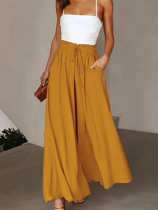  Solid Drawstring Waist Wide Leg Pants, Elegant Pocket Tie Front Trousers for Work Office Business, Pants for Women, Women's Bottoms for Fall & Winter, Fall Outfits, Fallfreshness