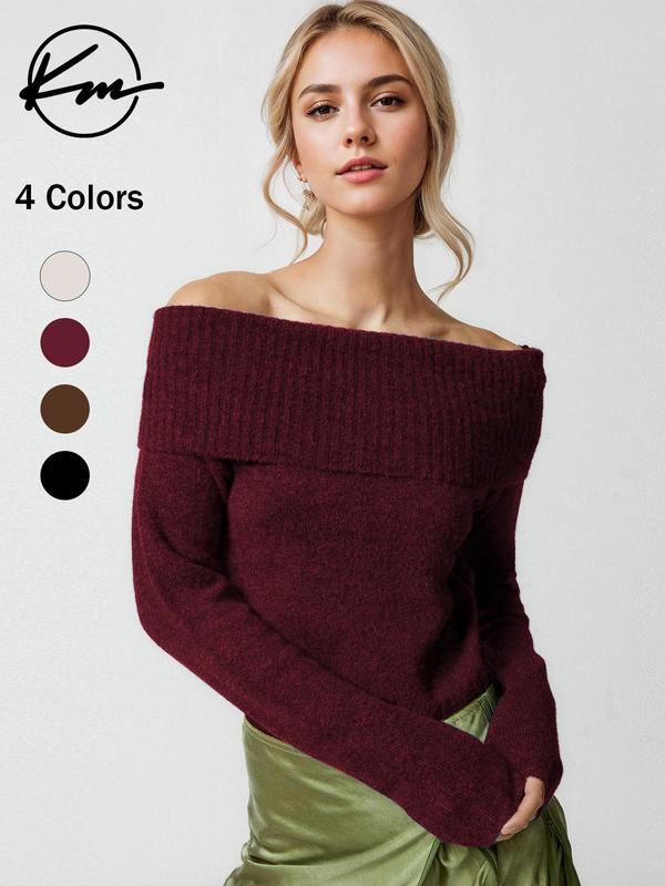 Women's Plain Ruched Off Shoulder Sweater, Casual Long Sleeve Jumper for Fall & Winter, Fashion Ladies' Knitwear for Daily Wear