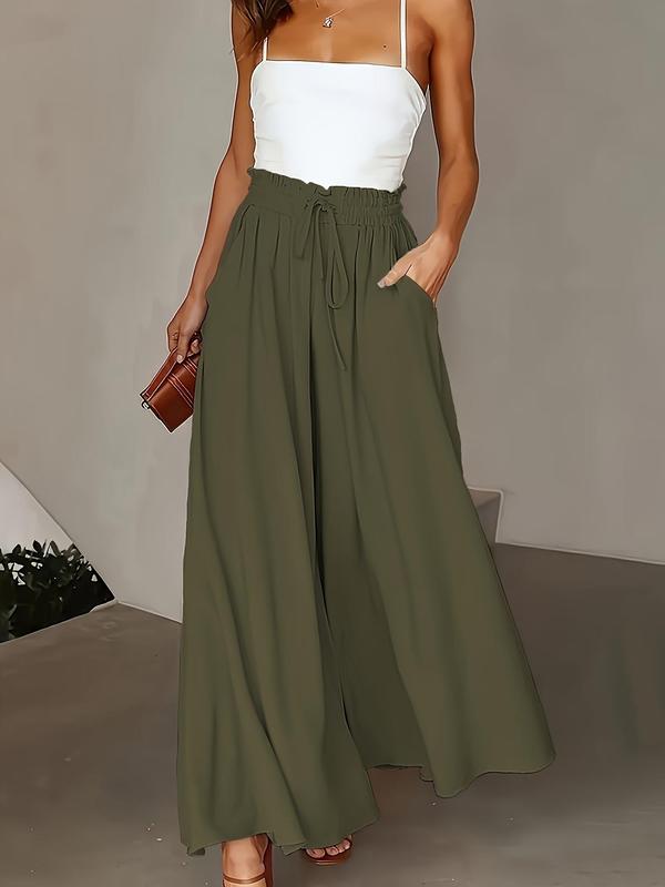  Solid Drawstring Waist Wide Leg Pants, Elegant Pocket Tie Front Trousers for Work Office Business, Pants for Women, Women's Bottoms for Fall & Winter, Fall Outfits, Fallfreshness