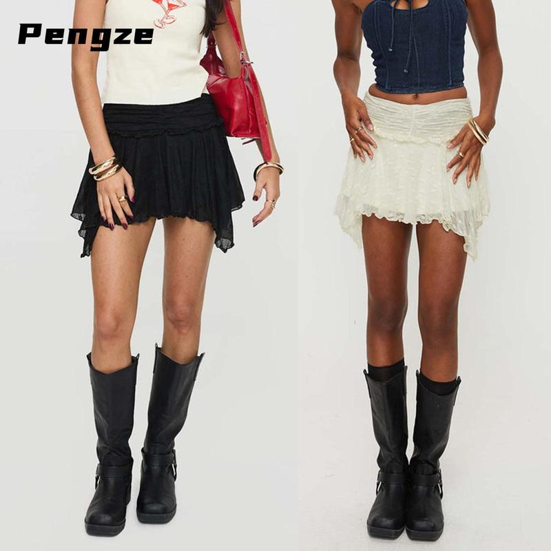 Women's Mini Skirts Lace Ruched High Waist Skirts Spring Summer Irregular Hem Casual Skirts