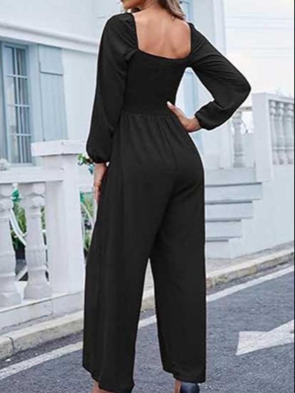 Women's Plain Shirred Bishop Sleeve Jumpsuit, Casual Long Sleeve Square Neck Jumpsuit for Spring & Fall, Women's Clothes for Daily Wear