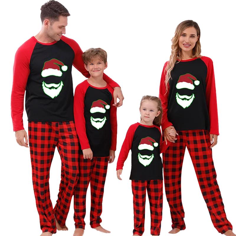 2024 New Christmas Family Pajamas Matching Set Glow in Dark Cartoon Print Long Sleeve Tops and Plaid Pants Homewear Sleepwear Loungewear Nightwear Xmas Pj's Clothes Womenswear Baby