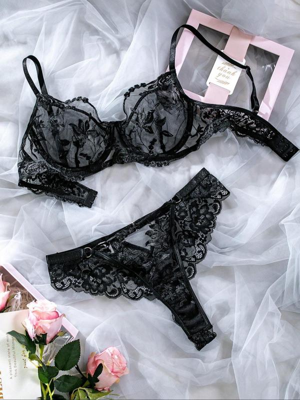 Two-piece Set Women's Floral Embroidery Sheer Lace Bra & Thong Teddy Lingerie Set, Adjustable Strap Push Up Bra & Panty Set, Lingerie Set for Women