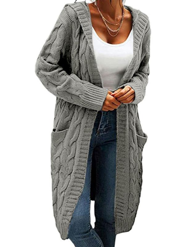  Cable Knit Pocket Hooded Cardigan, Casual Long Sleeve Open Front Knitwear for Fall & Winter, Gift Set, Cardigan for Women, Women's Clothing for Daily Wear