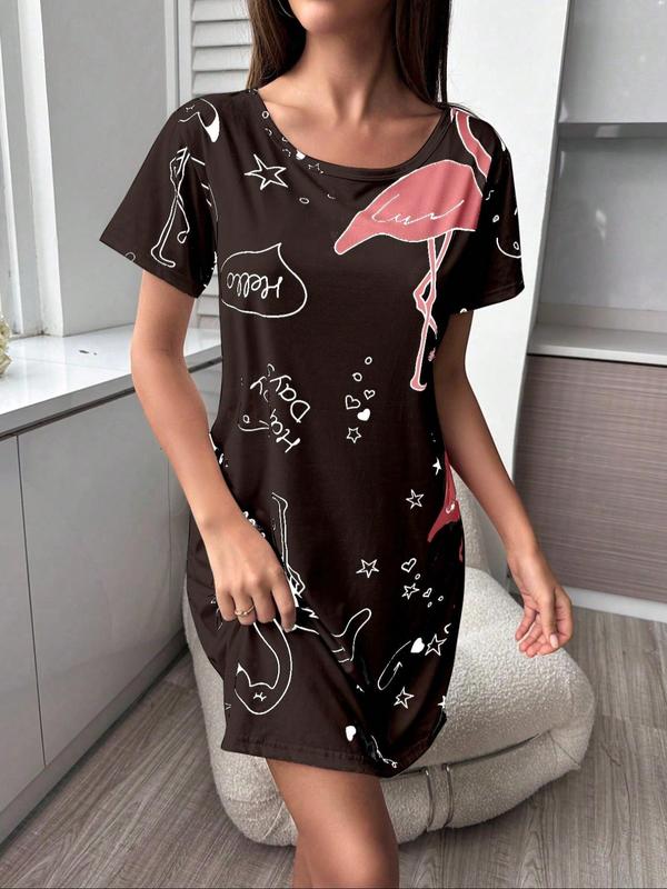 Women's Flamingo & Leaf Print Nightdress, Casual Soft Comfortable Short Sleeve Round Neck Nightgown for All Seasons, Ladies Sleepwear for Home Wear