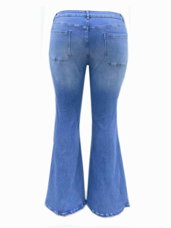 Women's Plus Size Button Front Flare Leg Vintage Denim Jeans, Casual Chic Pocket Flared Trousers for Women, Gift Set, Denim Pants for Women, Women's Streetwear Bottoms for All Seasons, Womenswear, Fall Outfits, Fallfreshness, Birthday Outfits