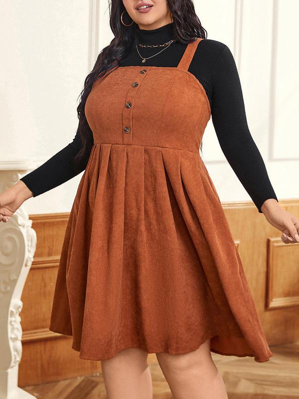 CURVZY Plus Size Solid Color Button Front Pinafore Dress, Casual Adjustable Strap Sleeveless Knee Length Dress for Fall & Winter, Women's Clothes for Daily Wear