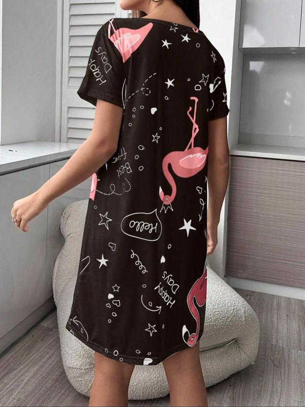 Women's Flamingo & Leaf Print Nightdress, Casual Soft Comfortable Short Sleeve Round Neck Nightgown for All Seasons, Ladies Sleepwear for Home Wear