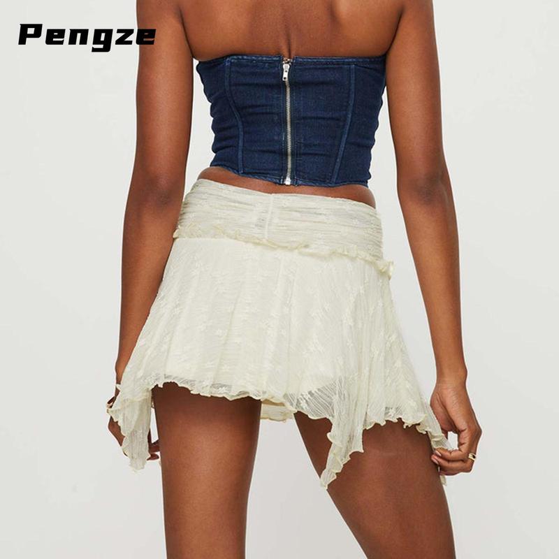 Women's Mini Skirts Lace Ruched High Waist Skirts Spring Summer Irregular Hem Casual Skirts