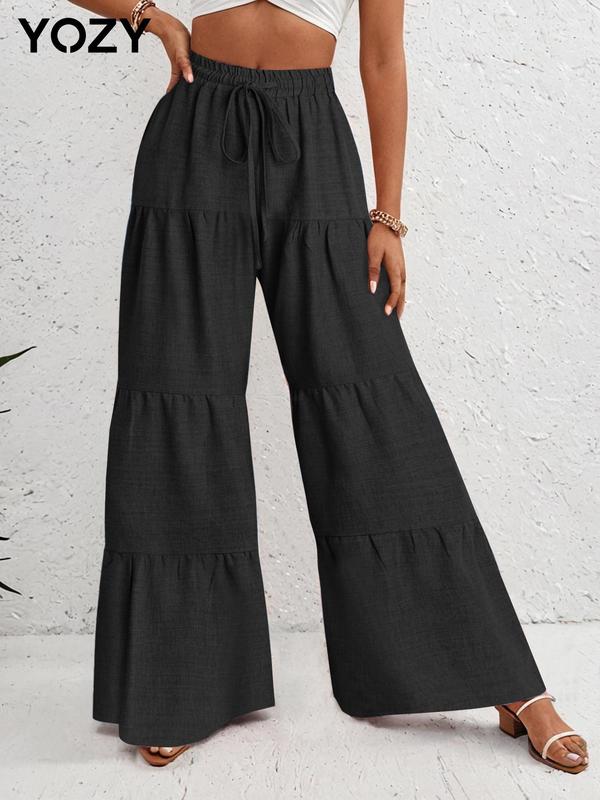 YOZY [Size 4-14] Plain Drawstring Ruffle Wide Leg Pants  Casual Elastic High Waist Trousers, 2024 Women's Spring & Fall Outfits for Daily Wear, [S-XXL]