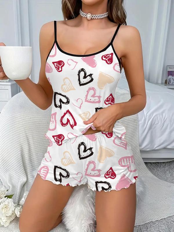 2 Counts Women's Cartoon Pumpkin Skull Print Contrast Binding Cami Top & Lettuce Trim Shorts Pyjama Set, Summer Wear 2024, Cute Comfort Camisole & Shorts Pj Set, Girly Night Clothes