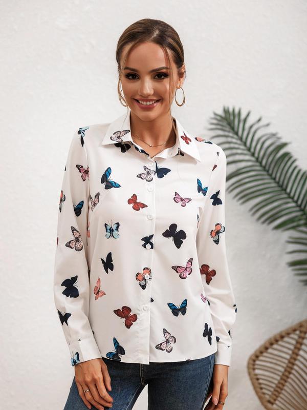 Women's Butterfly Print Button Front Shirt, Casual Long Sleeve Collared Top for Daily Wear, Ladies Clothes for All Seasons