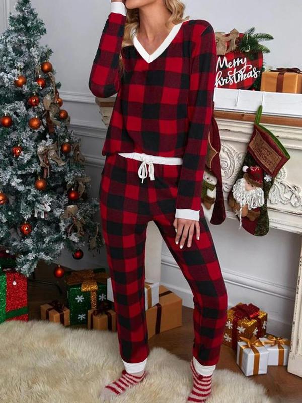 Women's Christmas Plaid Print V Neck Tee & Elastic Waist Pants Flannelette Loungewear Two-piece Set, Casual Comfy Long Sleeve Top & Tie Front Trousers Pj Set,  Lounge Set for Women, Ladies Sleepwear for Spring & Fall