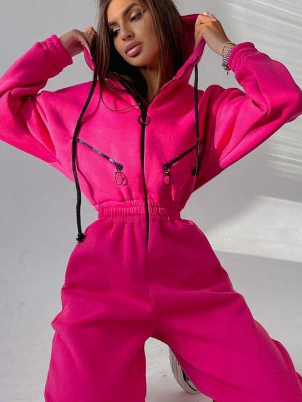 Women's Solid Drop Shoulder Drawstring Hooded Jumpsuit, Casual Long Sleeve Zipper Jumpsuit for Fall & Winter, Women's Clothes for Daily Wear